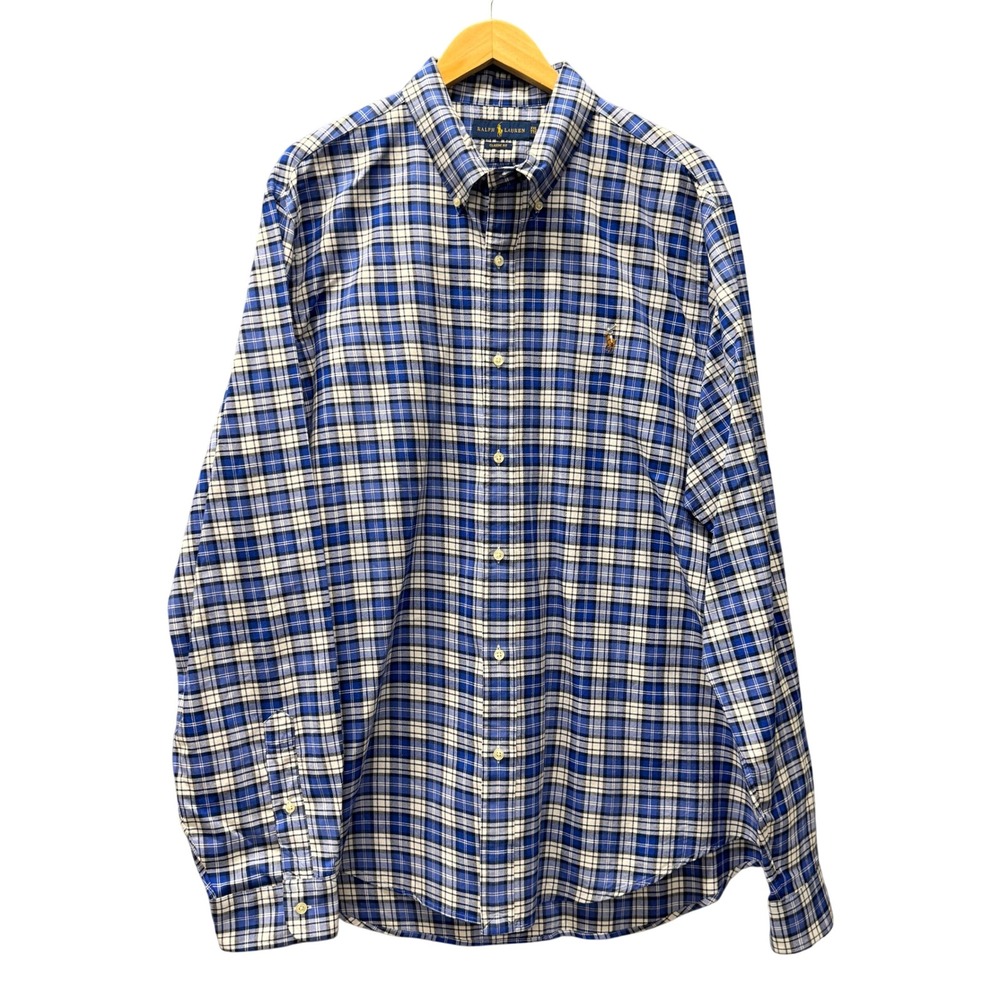 Ralph Lauren Button Down Shirt Mens XXL 2XL Classic Fit Blue Plaid Flesh Pony